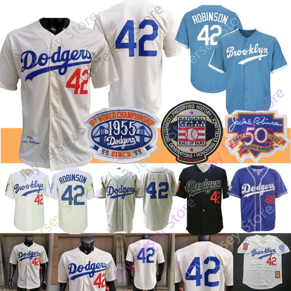 

jackie robinson jersey coopers-town 1955 hall of fame brooklyn blue white grey cream home away men size m-3xl all stitched, Blue;black