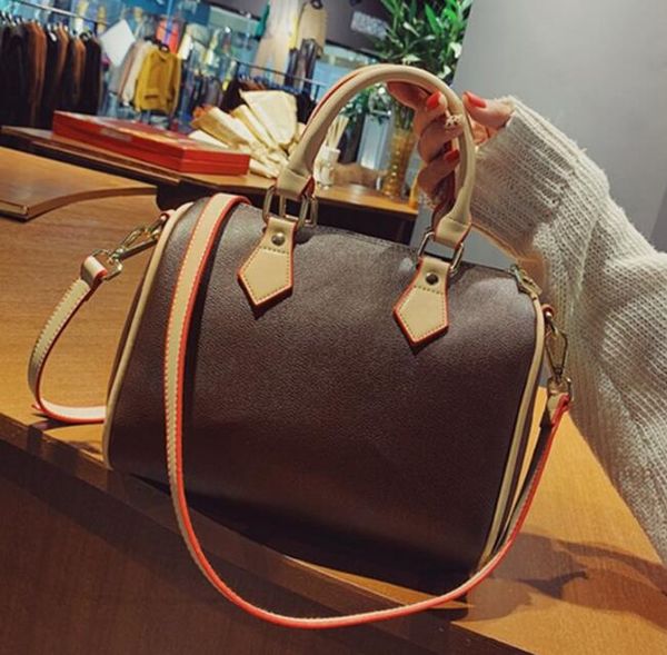 

2019 real oxidizing leather new fashion women boston speedy handbag pillow bag 25/30/35cm with starp ing
