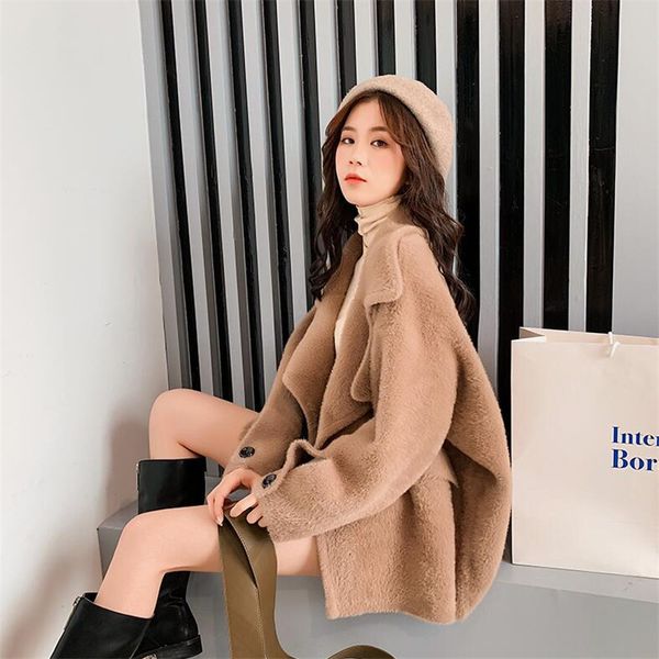 

thick warm imitation velvet coat jacket female 2019 new loose knit solid long sleeve cardigan winter short coat, Black