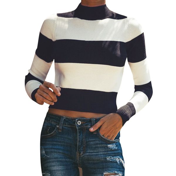 

womens turtle neck pullovers stripe stitching navel thin sweater versatile straps autumn chompas para mujer 8m3, White;black