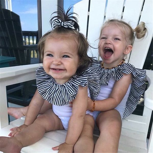 

2020 fashion trend summer kids baby girls striped ruffles bikini swimwear one piece swimsuit backless bathing suit beachwear, White