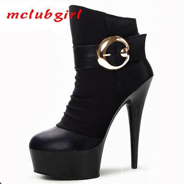 

mclubgirl 15cm super high heels thin heel waterproof platform short boots unique metal buckle nightclub women's boots lyp, Black
