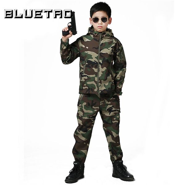 

boys girls autumn winter hooded jackets water resistant raincoat youth kids hunting hiking waterproof softshell jacket, Blue;black