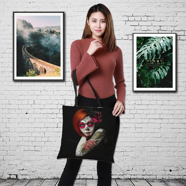 

double-sided printing punk style women large shopping bag tote sholder bag for ladies linen hand crowdale 43cm*43cm