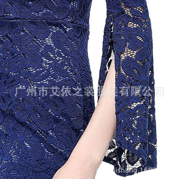 

american and european women's wear amazon sells round-necked long-sleeved slim-fitting buttock wavy lace dress in autumn 2019, Black
