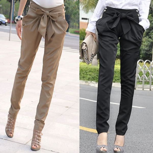 

women's skinny long trousers ol casual bow harem pants plus size black, khaki ing, Black;white