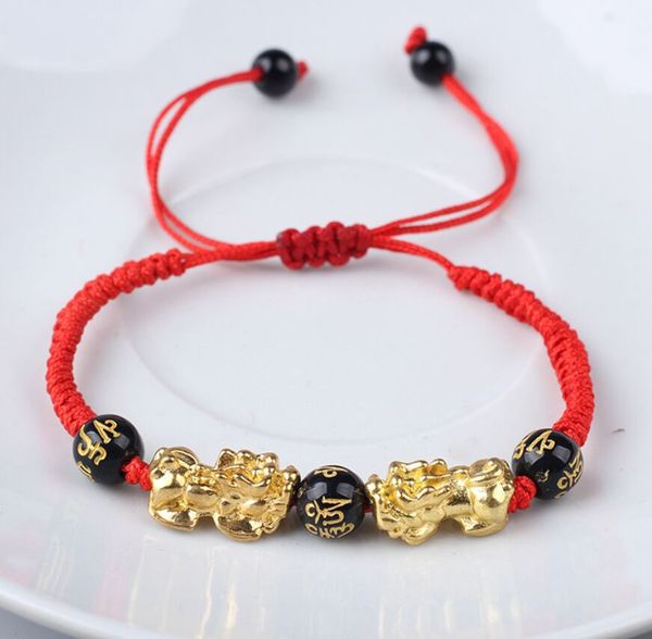 

new design imitation gold double pixiu lucky beads bracelet female 3d hard gold hand knotted red rope lovers jewelry, Golden;silver