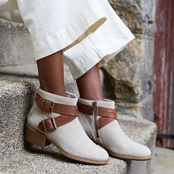 

oeak drop shipping 2019 women patchwork ankle boots women shoes ladies casual round toe med chunky heels booties shoes, Black