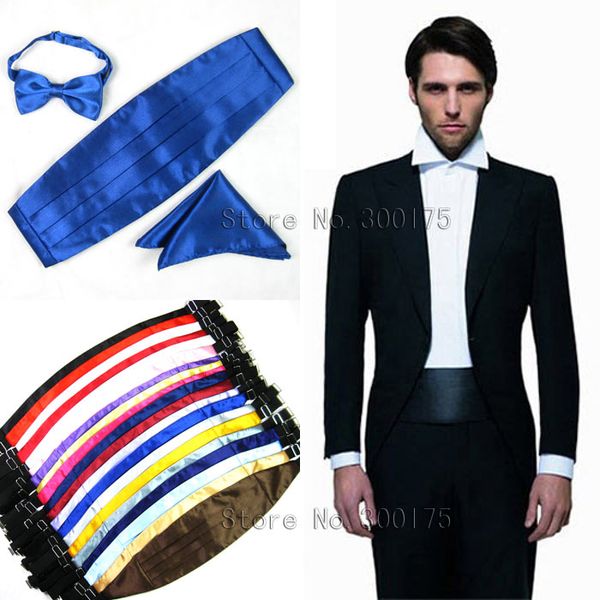 

mens classic cummerbund satin elastic bellyband tuxedo cummerbund bowtie hanky handerchif set formal wedding party waist band, Black;brown
