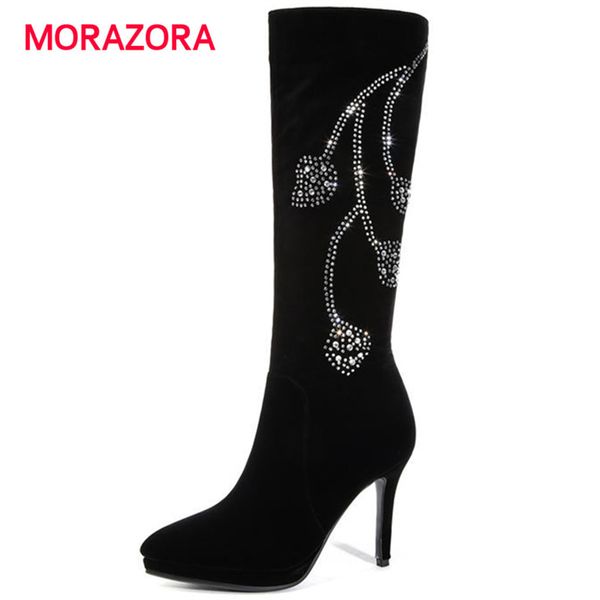 

morazora big size fashion crystal knee high boots pointed toe super high heel women boots autumn winter zipper platform, Black