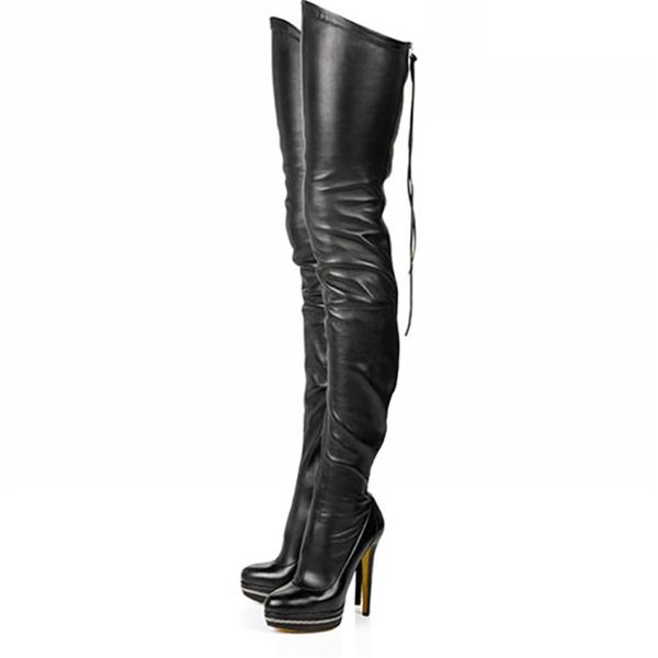 

women's high heel thigh-high boots night-club dance-show long boots platform winter warm fashion dress evening booties shoes, Black