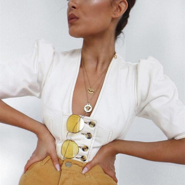

new women's blouses deep v-neck collar 2019 summer female half puff sleeves buttons shirts high street ladies clothing, White