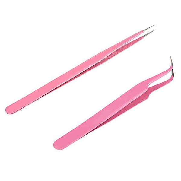

women girl fashion pink eyelash extension straight curved head tweezer stainless steel tweezers nipper pointed clip beauty tool