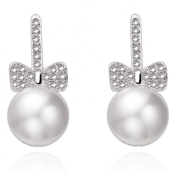 

fashion zircon small fresh round pearl bow earrings female models, Golden