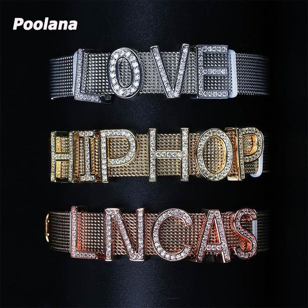 

stainless steel custom letters bracelets customized crystal plain word hand cuff band, Black