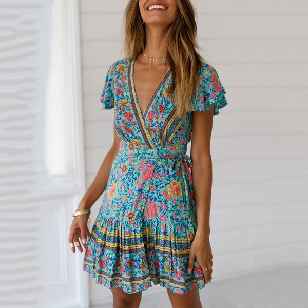 

ladies dresses womens dress shorts sleeve shift floral beach summer dresses 2019 fashion ruffle v neck print bohemian women dress, Black;gray