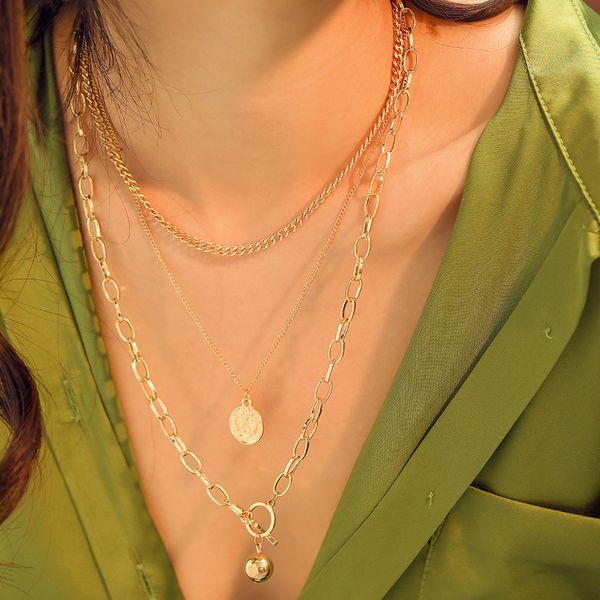 

popular new fashion luxury designer multi layer metal chain coin ball pendant choker statement necklace for woman, Silver