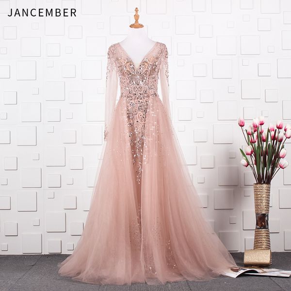 

jancember luxury long dresses evening beading crystal pearls v-neck illusion court train a-line floor-length abendkleider 2019, White;black