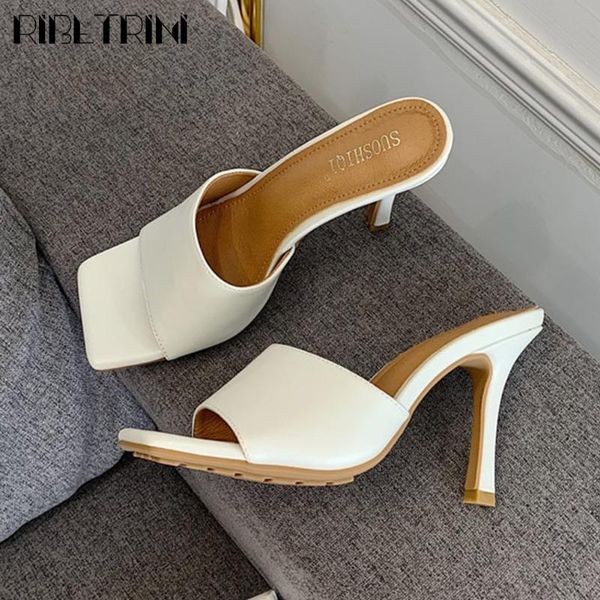 

ribetrini classic lady square toe solid slip on thin heel party casual leisure shoes summer women slippers fashion slippers, Black