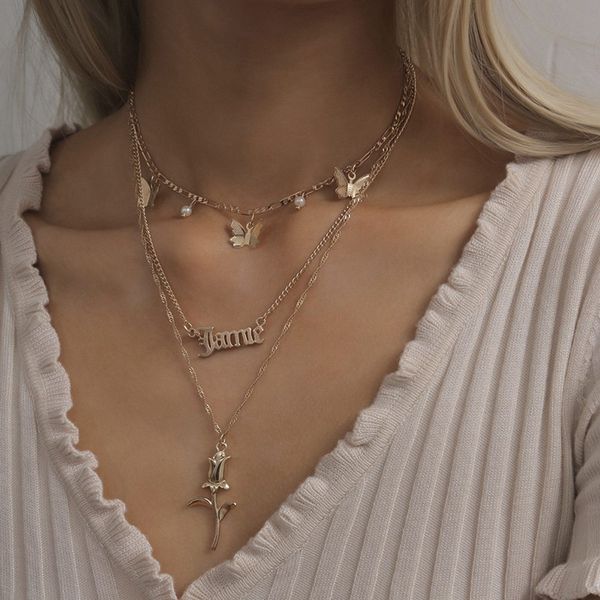 

european and american new popular personality flower body hollowed-out letter necklace retro mash-up rose butterfly necklace, Golden;silver