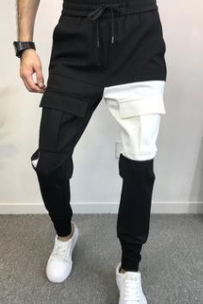 

mens stylish designer pants pockets designer pencil pants elastic waist long trousers jogger pants, Black