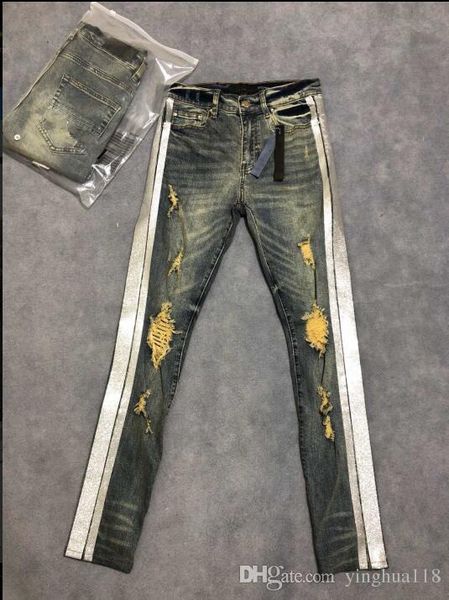 

2019 fashion men silver for old jeans zipper hollow out biker classic easy slim straight denim trousers gold powder decorate, Blue