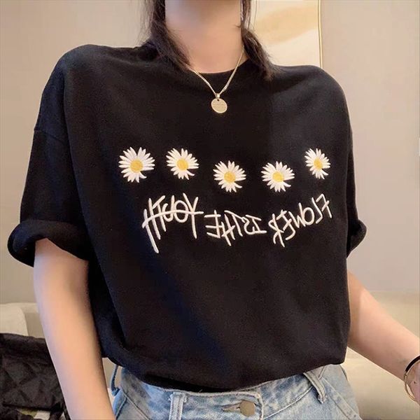 

short-sleeved t-shirt female t-shirt student outfit loose student ins fashion brand summer pure cotton western style all-match solid color h, White
