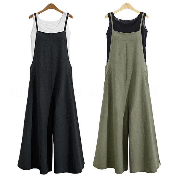 

2x women casual solid spaghetti straps wide leg pants pockets loose bib cotton linen jumpsuits,4xl green & black, Black;white