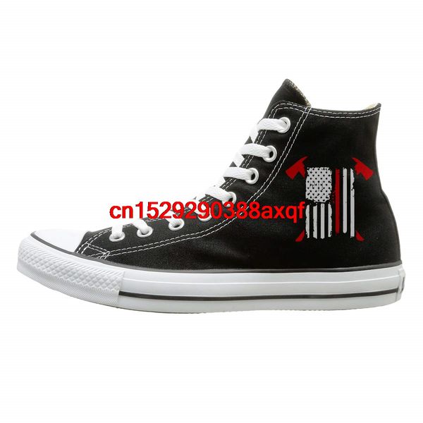 

canvas shoes firefighter red line american flag casual high-lace ups canvas sneakers for unisex, Black