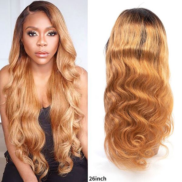 

body wave lace front human hair wigs 150density brazilian hair 13*4 lace t1b/27 pre plucked ombre human wigs with baby, Black;brown