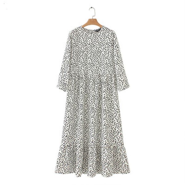 

women dots print maxi dress pleated three quarter sleeve female casual straight dresses chic ankle length, Black;gray