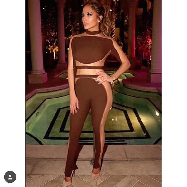 

sale new 2018 designer runway jumpsuit women's long sleeve perspective gauze patchwork color block bodycon jumpsuit, Black;white