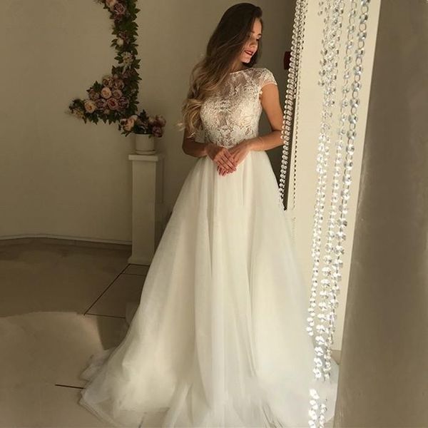 

свадебные платья fairy lace-тюль с коротким рукавом 2019 скромный шлейф с драгоценными камнями и летними каникулами неформальное свадебное п, White