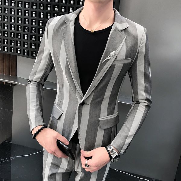 

2020 весна осень stripes печати мужской костюм красивый slim fit повседневные бизнес мужские костюмы свадебный костюм жениха смокинги 2 шт н, White;black