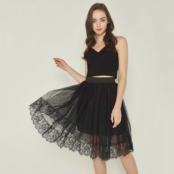 

summer lace skirt for women fashion 3 layers 65cm solid casual mesh hollow out bodycon tulle skirts jupe robe de bal, Black