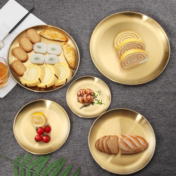 

retro metal round tray stainless steel snack fruit tray cosmetics jewelry storage european style dinner plates gold/silver