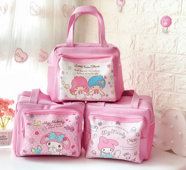 

little twin stars my melody insulated lunch box bags kids girls school pu waterproof picnic tote women thermal cooler bag, Blue;pink