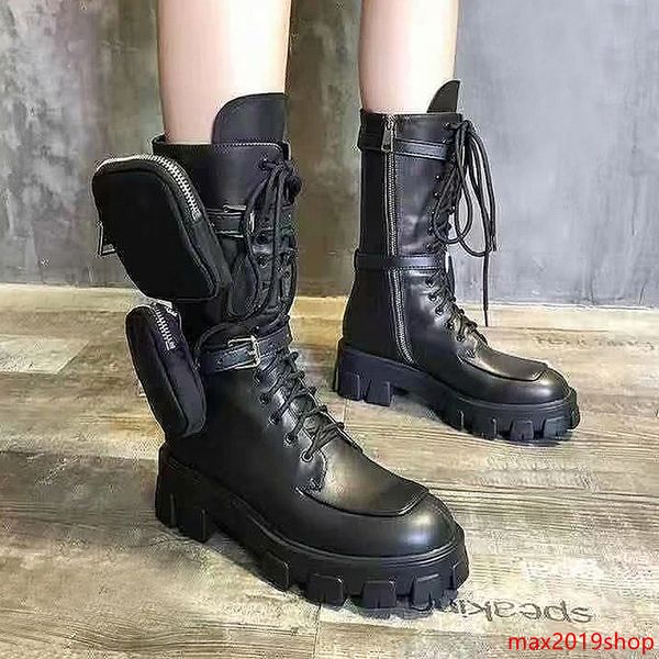 

2020 vintage autumn and winterpradanew muffin thick-bottomed tube martin boots military boots leather locomotive lace-up booties