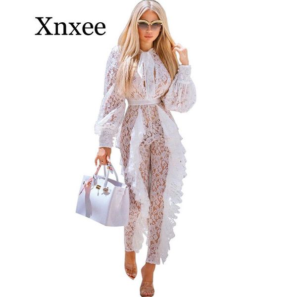 

elegant sheer white lace jumpsuit for women see through long sleeve ruffles bodycon rompers wedding night club overalls, Black;white
