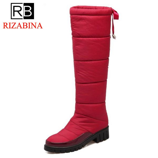 

rizabina women knee high heel boots thick fur cross strap long boots for cold winter shoes warm botas woman footwears size 34-40, Black