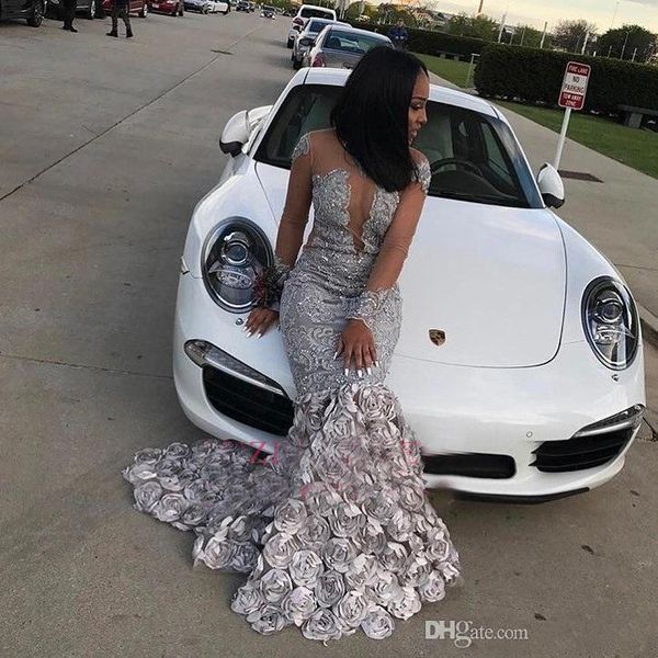 

vintage african long sleeve prom dresses 2019 mermaid sheer neck rose flowers appliqued sweep train evening gowns party gowns vestidos, Black