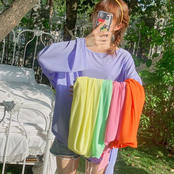 

sunscreen women candy candy t- shirt color super fairy 2020 loose ins long sleeve t-shirt women thin, White