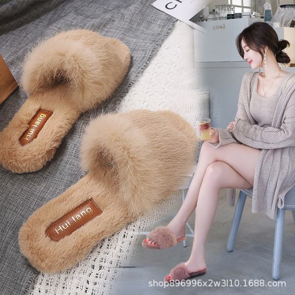 

solid indoor fur mules slides women winter shoes comfort furry women's slippers korean warm slip on cotton slippers anti-skid, Black