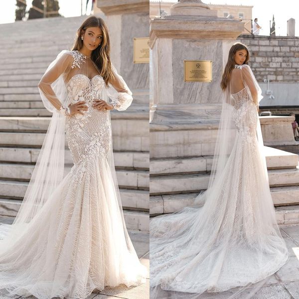 

berta sequins mermaid wedding dresses 2019 with cape sweetheart neck lace appliques sweep train bridal gown beach robe de marie bc2073, White