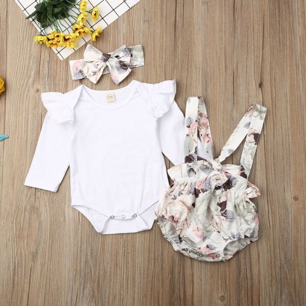 

0-24m cute newborn baby girl long sleeve cotton bodysuit floral suspender bloomers shorts headband 3pcs baby clothing set, White
