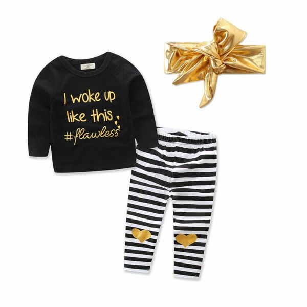 

newborn toddler baby girl letter print striped pants trousers headband spring autumn outfits clothes set 0-3t, White