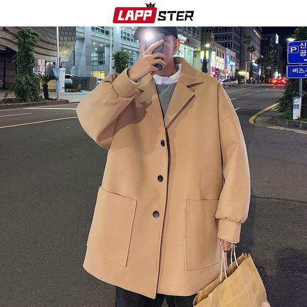 

lappster men korean fashions wool trench coat 2019 overcoat mens japanese streetwear winter coat harajuku khaki jackets coats, Tan;black