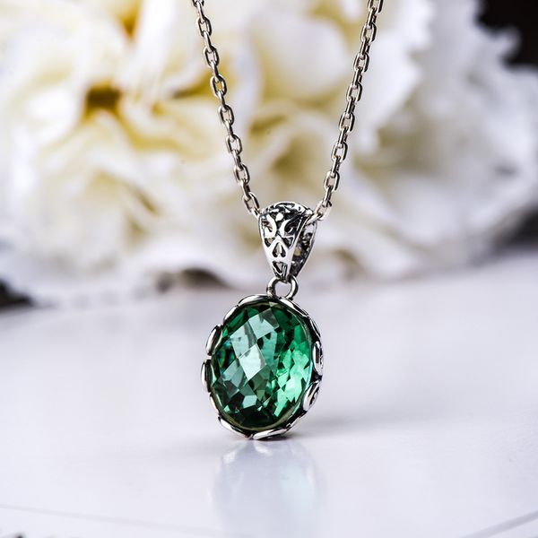 

real pure 925 sterling silver emerald pendant for women faceted natural gemstone antique retro green crystal pendant pendule