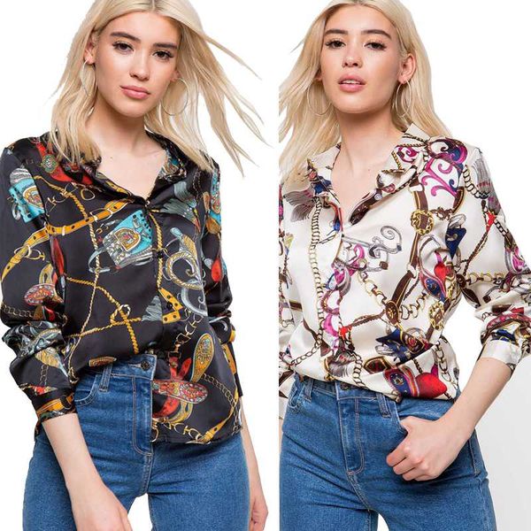 

2020 european and american new women's long-sleeved chain print plaids&checks cardigan turn-down collar casual shirt, White