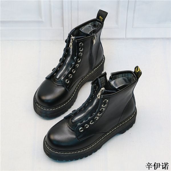 

new fashion styles winter genuine leather motorcycle martins boots shoes women ankle boots plus size, Black